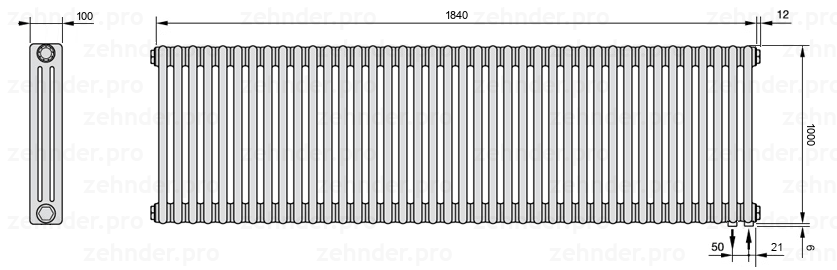 Схема (чертеж) Радиатор Zehnder Charleston 3100/40 №5510 Белый глянцевый RAL 9016